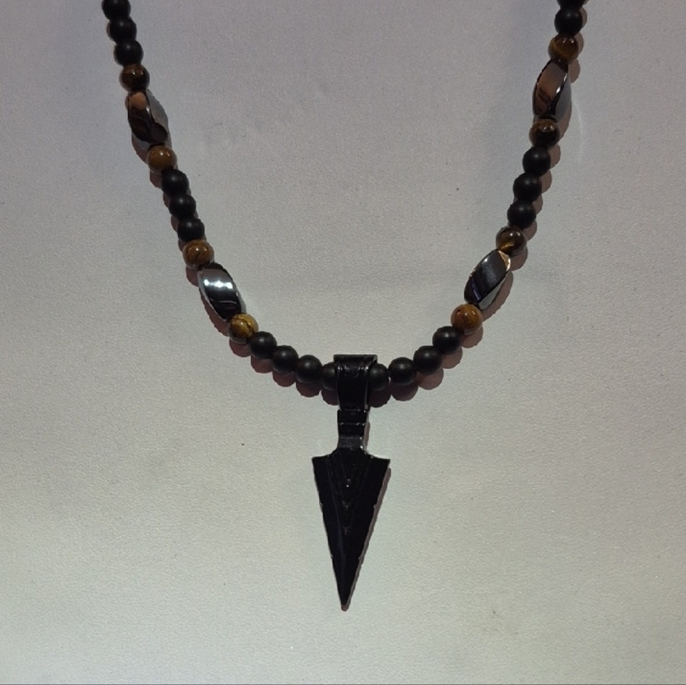 Black and Brown (Healing Tiger Eye) with Black Notched Arrow Pendant (J27)
